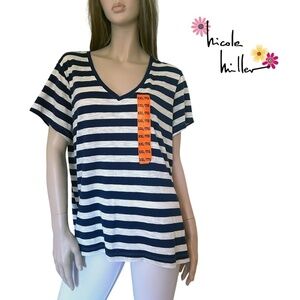 Nicole Miller Stripe Tee shirt Tank Top Navy V-Neck Short Sleeve Hi Low NWOT